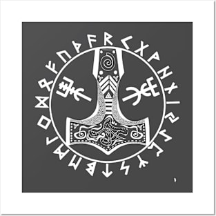 Thor's hammer and Viking runes, transparent background. Posters and Art